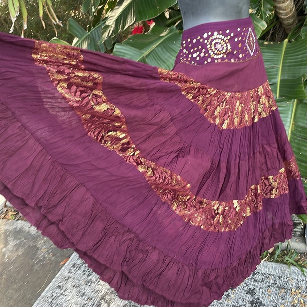 Cache, gold lace beaded, and sequin tiered bohemian skirt